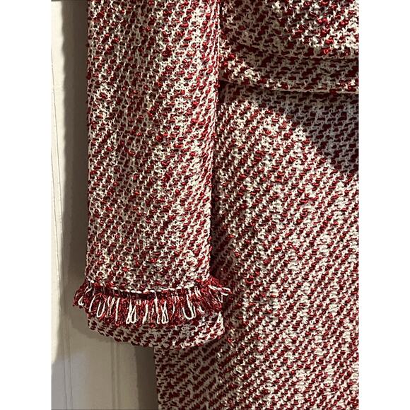 Vtg St John Knit Size 2 Skirt Suit Red & White Tweed Fringed Jacket Full Zip - Picture 3 of 16